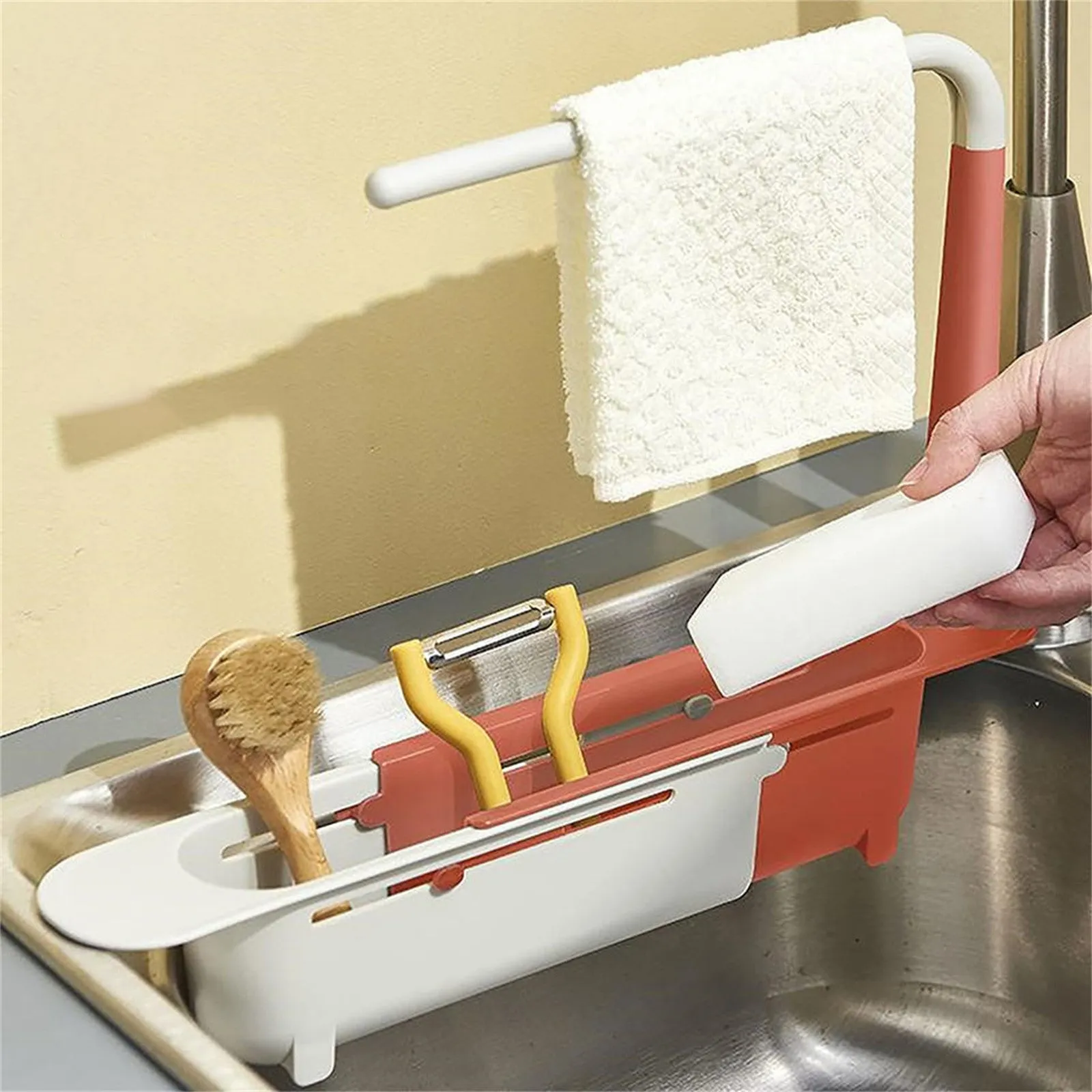 Adjustable Sink Storage Rack, Red Plastic Organizer