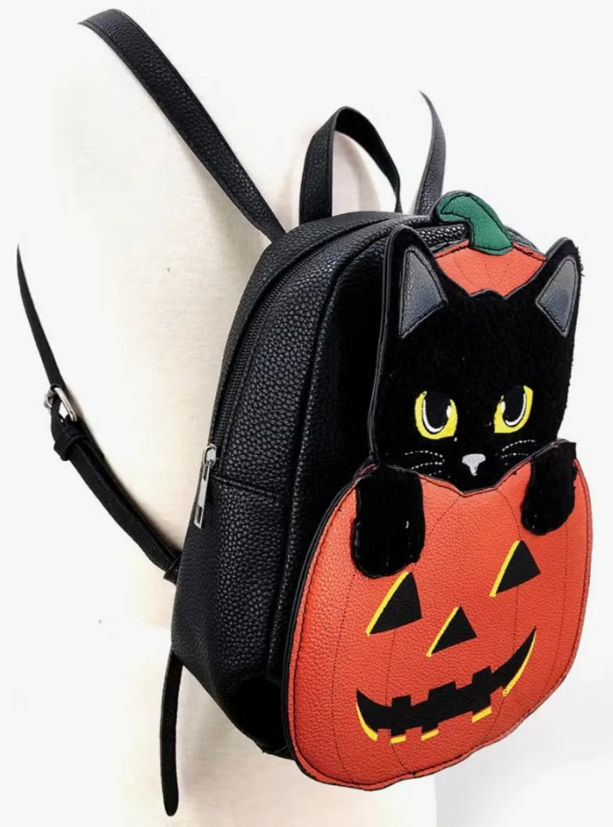 Furry Black Cat in Pumpkin Vinyl Mini Backpack