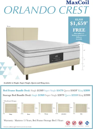 Maxcoil Orlando Crest Pillow Top Individual Pocketed Spring Mattress Bundle (Free Bedframe!)