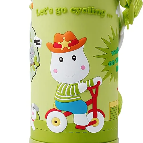 (PINKAH) 3D Cartoon Kids Bottle with Straw and Strap | Stainless Steel (500ML) - Olive Green