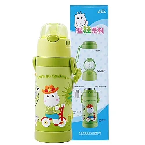 (PINKAH) 3D Cartoon Kids Bottle with Straw and Strap | Stainless Steel (500ML) - Olive Green