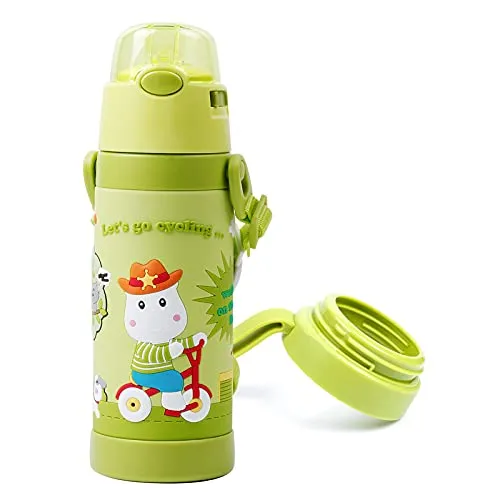 (PINKAH) 3D Cartoon Kids Bottle with Straw and Strap | Stainless Steel (500ML) - Olive Green